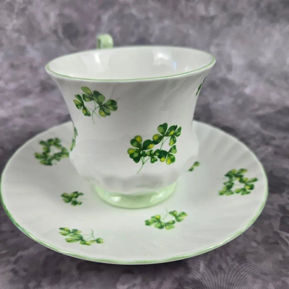 Royal Dover Fine Bone China Shamrock Tea Cup and Saucer Green White Vintage